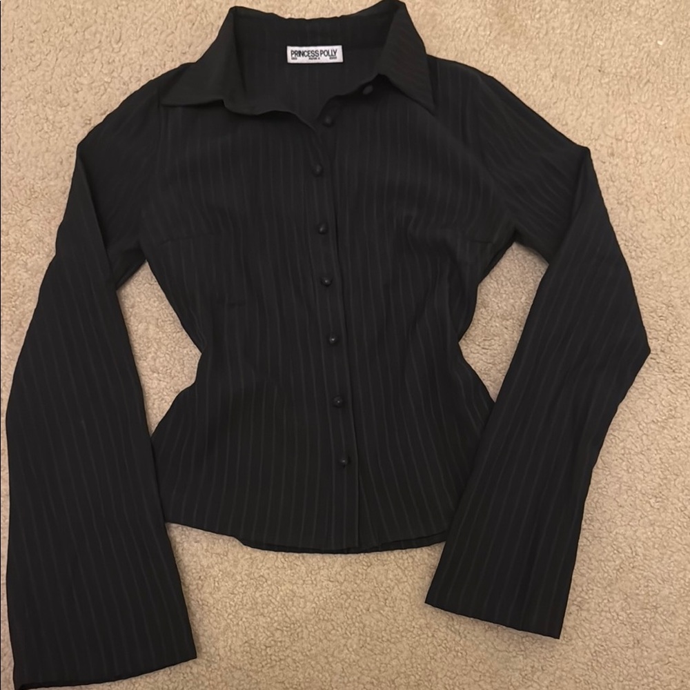 Princess Polly Anni Black Pinstripe Fitted Long Sleeve Button Down